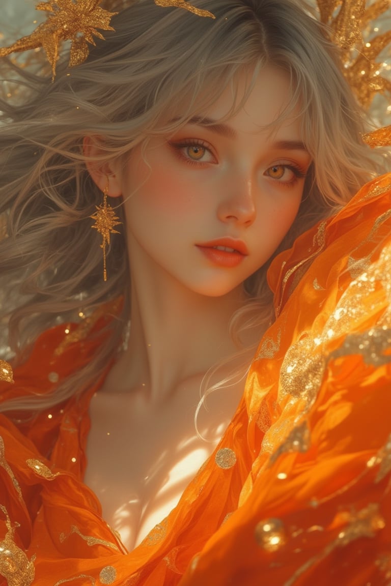 Anime-style close-up of a grey-haired woman wearing a flowy orange dress, surrounded by shimmering gold elements with a magical realism aesthetic. The scene is vibrant and detailed, with soft lighting that highlights the intricate details of the dress and the woman's expressive eyes. The composition focuses on her face and the ethereal environment, capturing the blend of realism and fantasy in the Niji style.