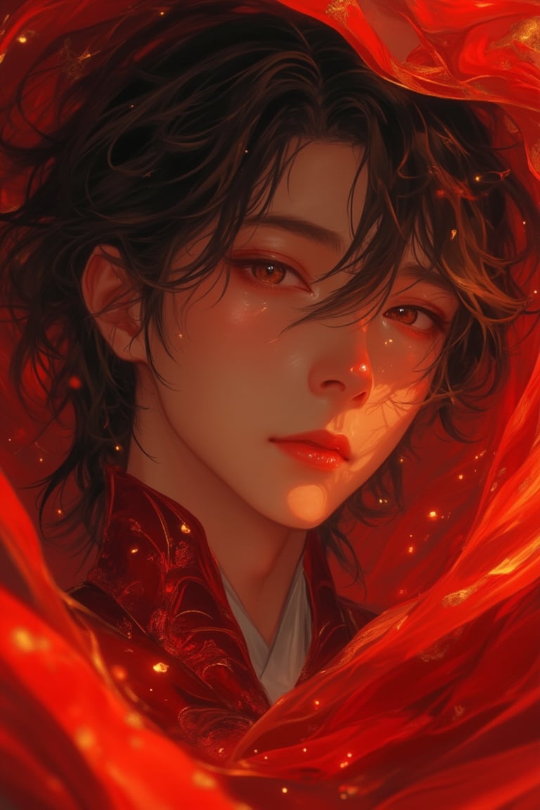 Anime-style close-up of a man with nice hair, wearing a flowing red cloth, in a magical realism aesthetic. The scene is vibrant and detailed, with soft lighting that highlights the intricate details of the cloth and the man's expressive eyes. The composition focuses on his face and the ethereal cloth, capturing the blend of realism and fantasy in the Niji style.