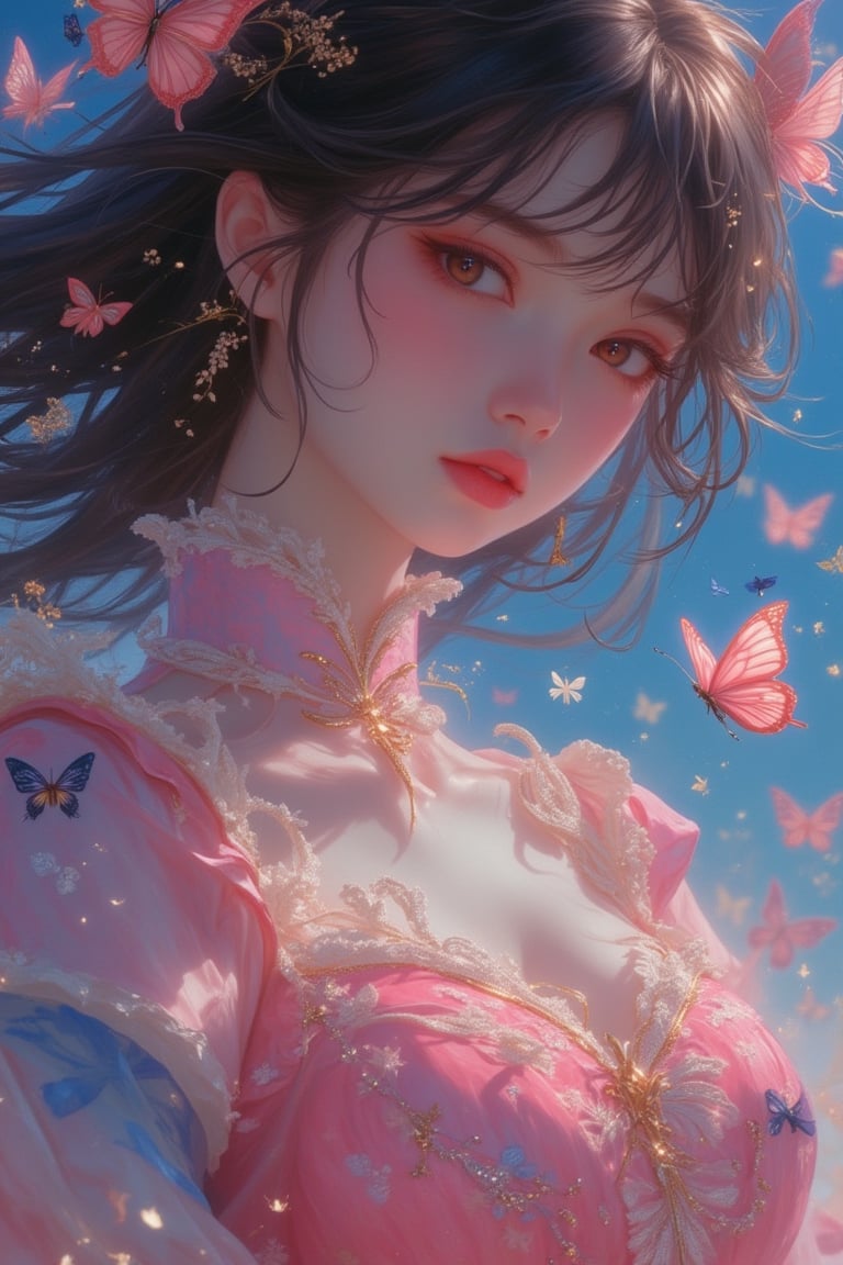 Anime-style close-up of a woman wearing a pink and blue dress, with delicate butterfly motifs, in a magical realism aesthetic. The scene is vibrant and detailed, with soft lighting that highlights the intricate details of the dress and the woman's expressive eyes. The composition focuses on her face and the ethereal butterflies, capturing the blend of realism and fantasy in the Niji style.