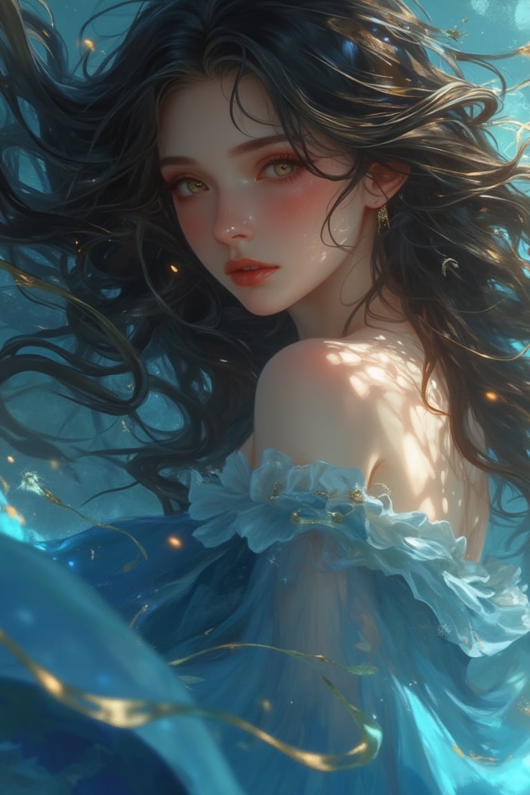 Anime-style close-up of a woman with wavy hair, wearing a flowing blue dress, in a magical realism aesthetic. The scene is vibrant and detailed, with soft lighting that highlights the intricate details of the dress and the woman's expressive eyes. The composition focuses on her face and the ethereal dress, capturing the blend of realism and fantasy in the Niji style.