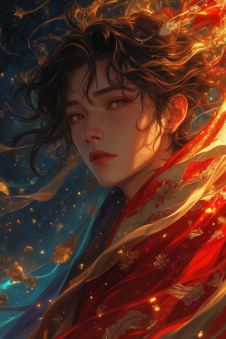 Anime-style close-up of a man wearing a flowing, intricate magical cloth, in a magical realism aesthetic. The scene is vibrant and detailed, with soft lighting that highlights the cloth's shimmering textures and the man's expressive eyes. The composition focuses on his face and the magical cloth, capturing the blend of realism and fantasy in the Niji style.