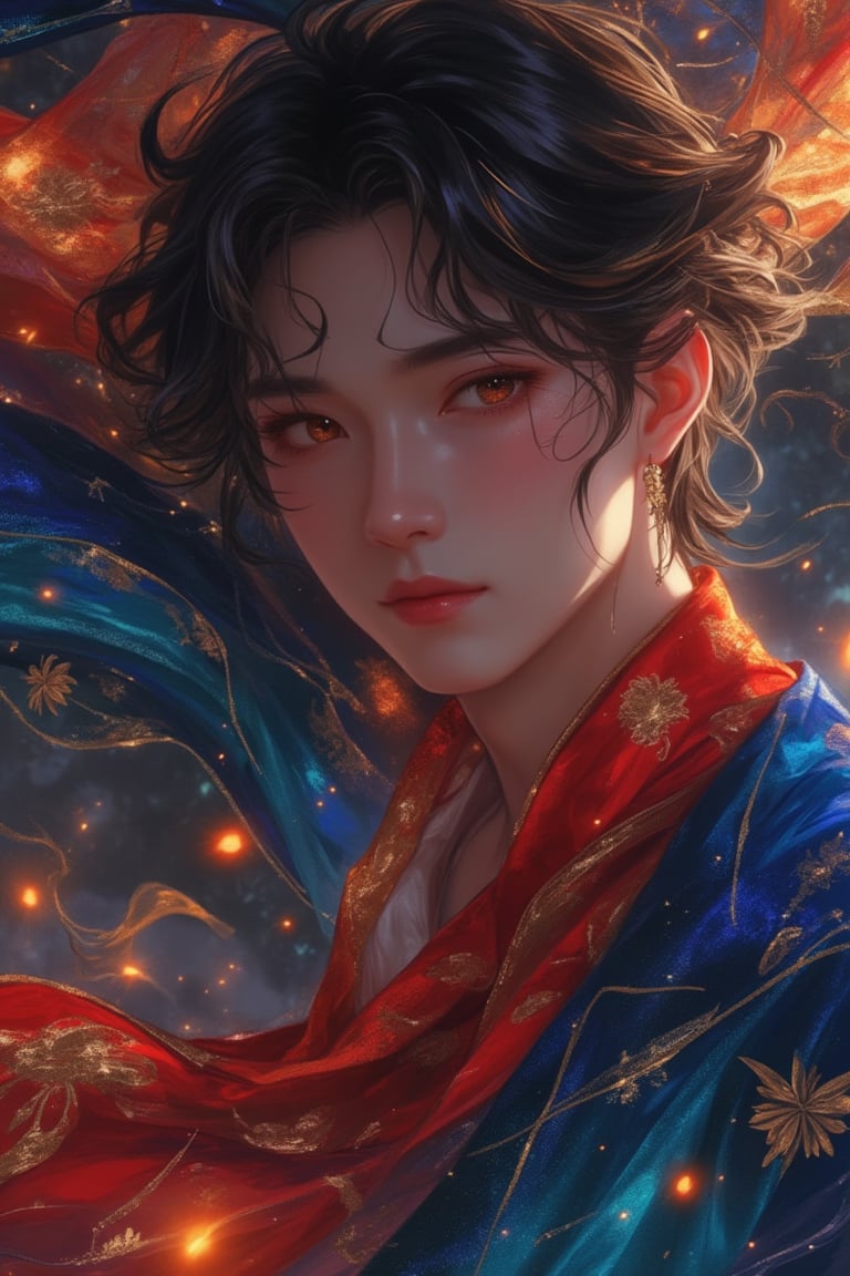 Anime-style close-up of a man wearing a flowing, intricate magical cloth, in a magical realism aesthetic. The scene is vibrant and detailed, with soft lighting that highlights the cloth's shimmering textures and the man's expressive eyes. The composition focuses on his face and the magical cloth, capturing the blend of realism and fantasy in the Niji style.