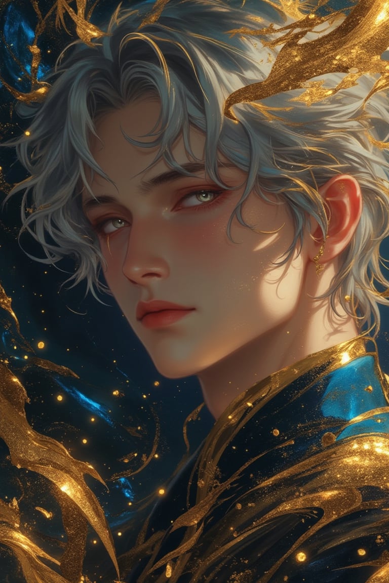 Anime-style close-up of a grey-haired man with a magical realism aesthetic, surrounded by swirling gold and blue elements and shimmering gold dust. The scene is vibrant and detailed, with soft lighting that highlights the man's expressive eyes and the intricate details of the magical elements. The composition focuses on his face and the ethereal environment, capturing the blend of realism and fantasy in the Niji style.