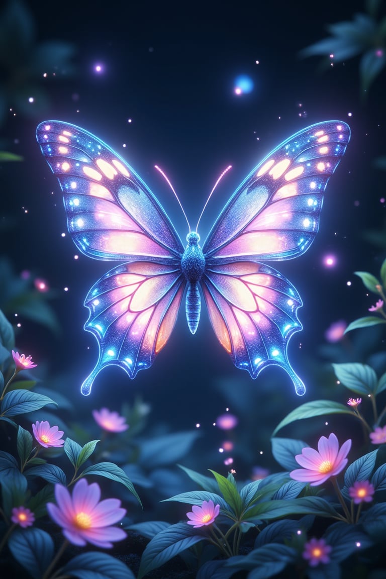 A delicate butterfly with iridescent wings, glowing with a soft, sparkling light, hovers gracefully in a serene, natural setting. The lighting is soft and ethereal, highlighting the intricate patterns and shimmering colors of the butterfly's wings. The composition is centered, with the butterfly in a gentle, floating pose, surrounded by lush greenery and soft, diffused light. The scene captures the beauty and magic of the glowing butterfly, with a focus on its delicate form and the enchanting glow.,anime,noc-detail