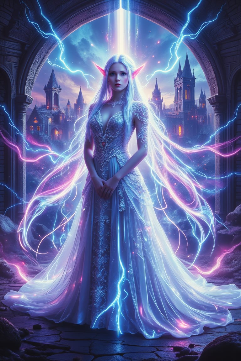 Beautiful female elf, elf with long silver hair, elf in beautiful white wedding dress, surreal photo, fantasy castle, neon colors, high contrast, fantasy, realistic details, high resolution, lord of the rings, maverick, movie stills, movie stills, beautiful western castle in the background, nebula, galaxy in the background, light, electric arc,noc-detail