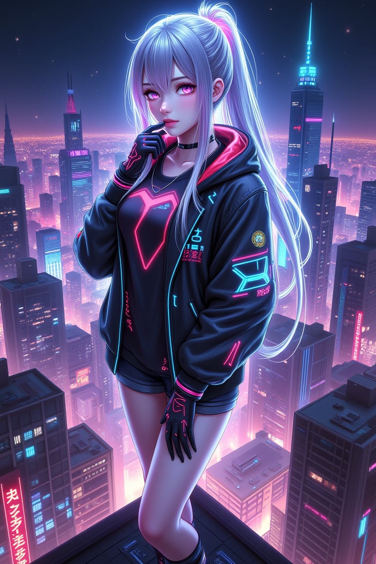 masterpiece, best quality, highres, detailed eyes, 1girl, solo, portrait, upper body, silver hair, ponytail, gloves, jacket, full body, shorts, black gloves, black jacket, drill hair, looking at viewer, standing, on top of a building, at night, cyberpunk city, neon light,