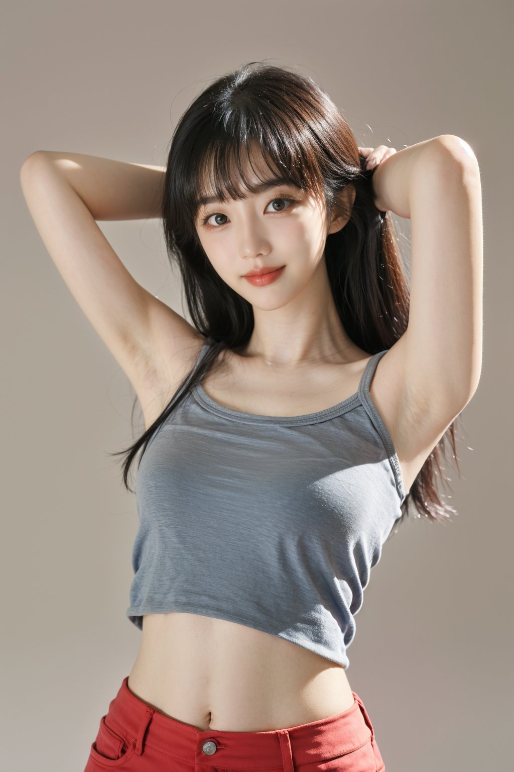 1girl, black hair, smiling, ID photo style, solid color background, (18yo),(arms behind head:1.2), clear skin, bright eyes, natural makeup, casual clothing, high resolution, best quality, masterpiece.