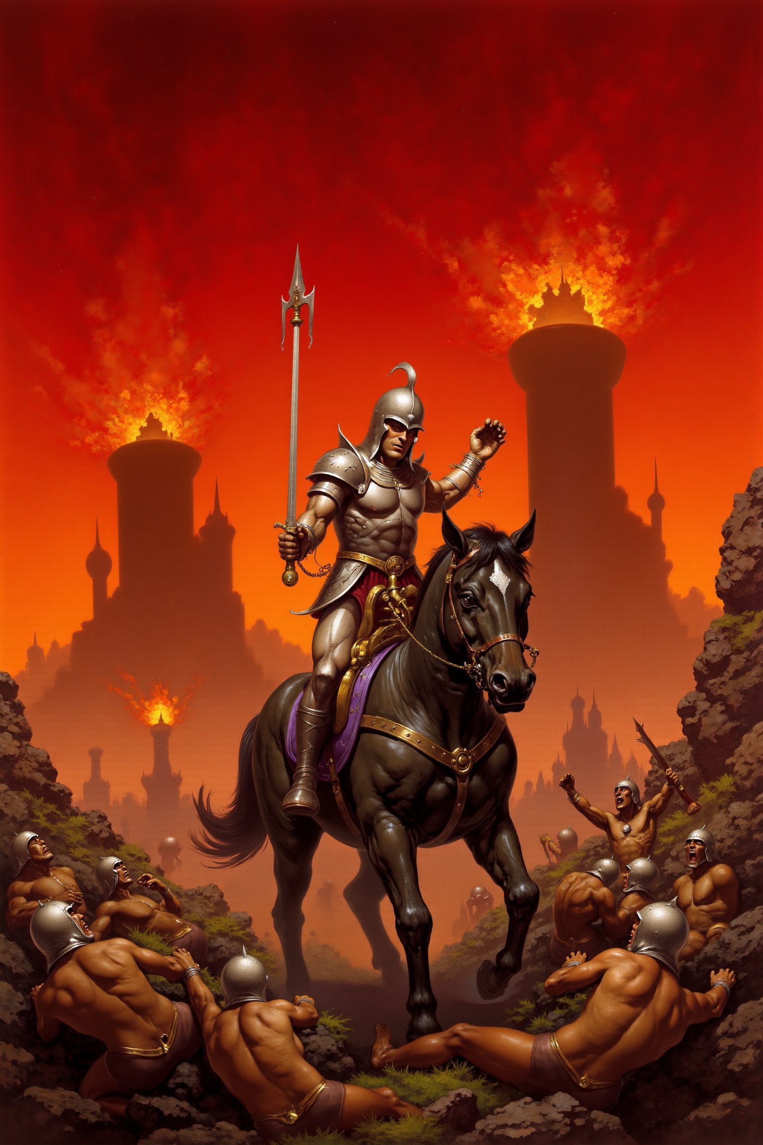 RetroSci style. A heroic knight in gleaming silver armor rides a black stallion through a battlefield strewn with fallen enemies. In the distance, a dark castle rises against the horizon, its towers wreathed in flames. The sky is crimson, casting a fiery glow over the chaotic scene, and the knight’s sword is ablaze with magical fire.