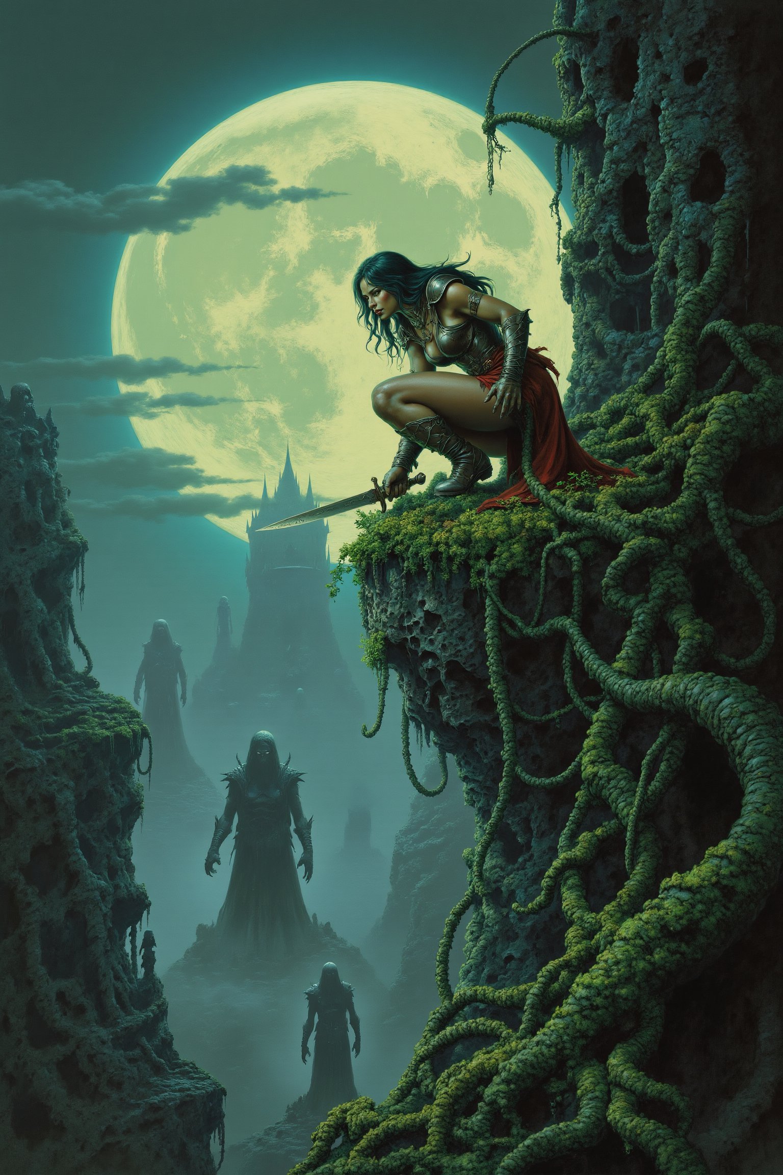 RetroSci style. A deadly female assassin in leather armor crouches on the edge of a moss-covered castle wall, her blade ready to strike. The full moon casts an eerie glow over the twisted, blackened forest below, while ghostly figures rise from the fog. Her eyes gleam with determination as she prepares for her silent kill, the air heavy with tension and magic.