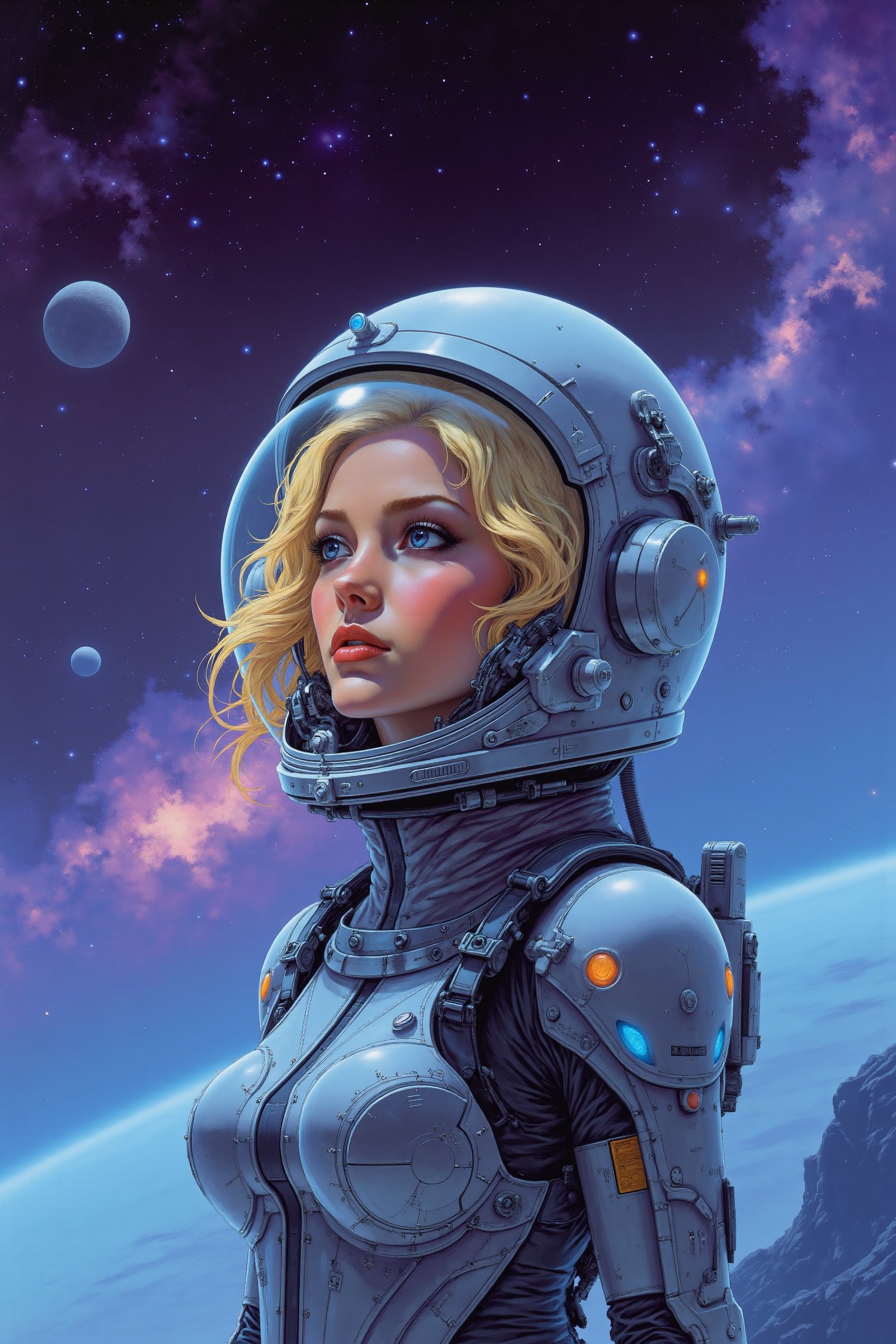 RetroSci style. RetroSci style. A young woman astronaut, her expression determined yet serene, stares into the distance with a sense of wonder. She wears a sleek, reflective space helmet, the visor lifted to reveal her sharp features and futuristic gear. Her suit is detailed with intricate, glowing blue patterns, hinting at advanced technology. The background is an ethereal cosmic scene of swirling galaxies and glowing nebulae in deep purples and blues, with distant planets and stars twinkling in the vastness of space. Her short blonde hair gently flows in zero gravity, framing her face as a sense of adventure fills the air.