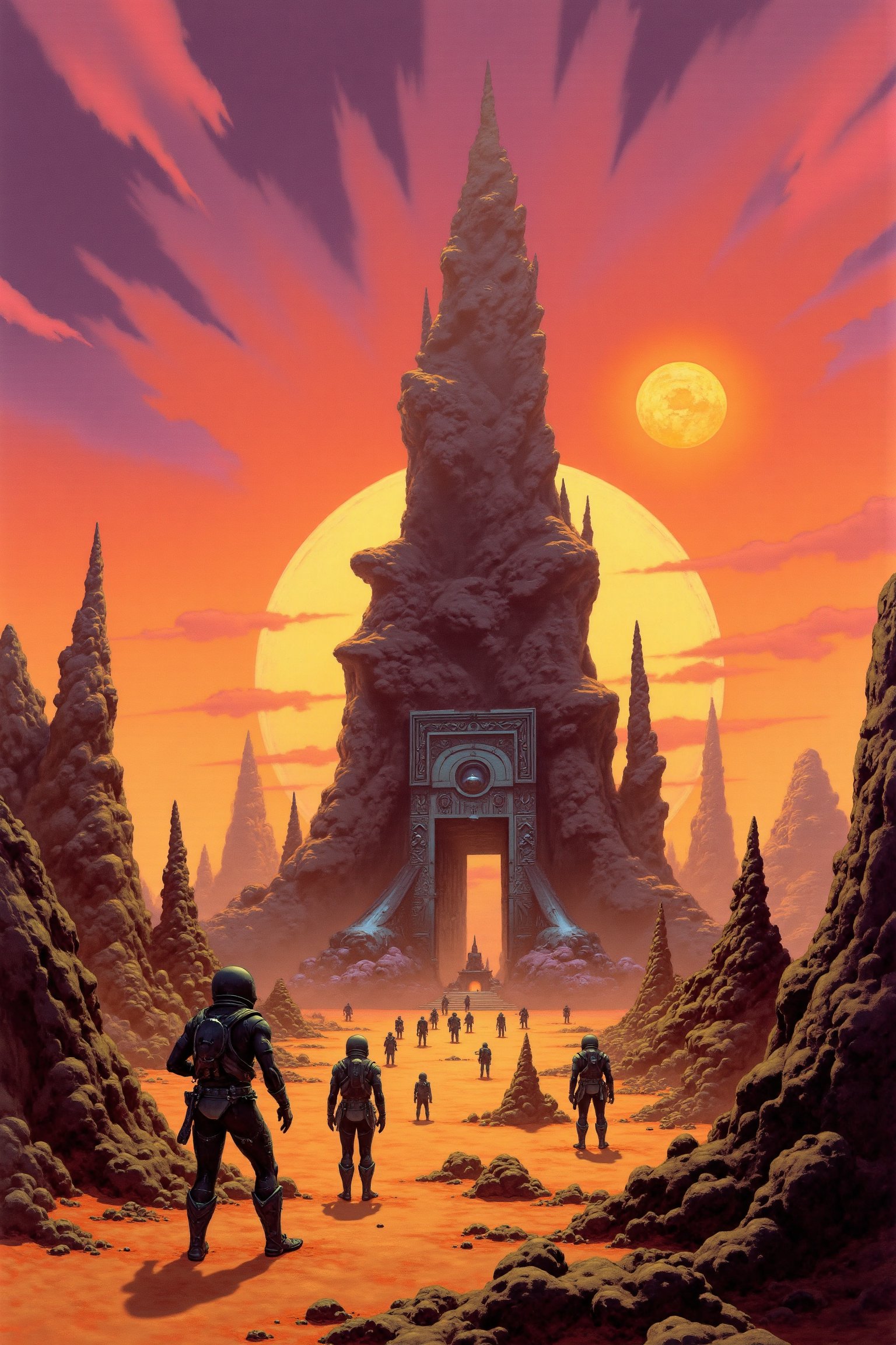 RetroSci style. A mysterious alien city on a desert planet, with jagged obsidian towers and swirling sandstorms. The sky is a deep orange, transitioning to pinks and purples near the horizon as twin suns set. A group of explorers, clad in retro-futuristic space suits, approach the entrance of a colossal temple, its gates etched with glowing hieroglyphics.