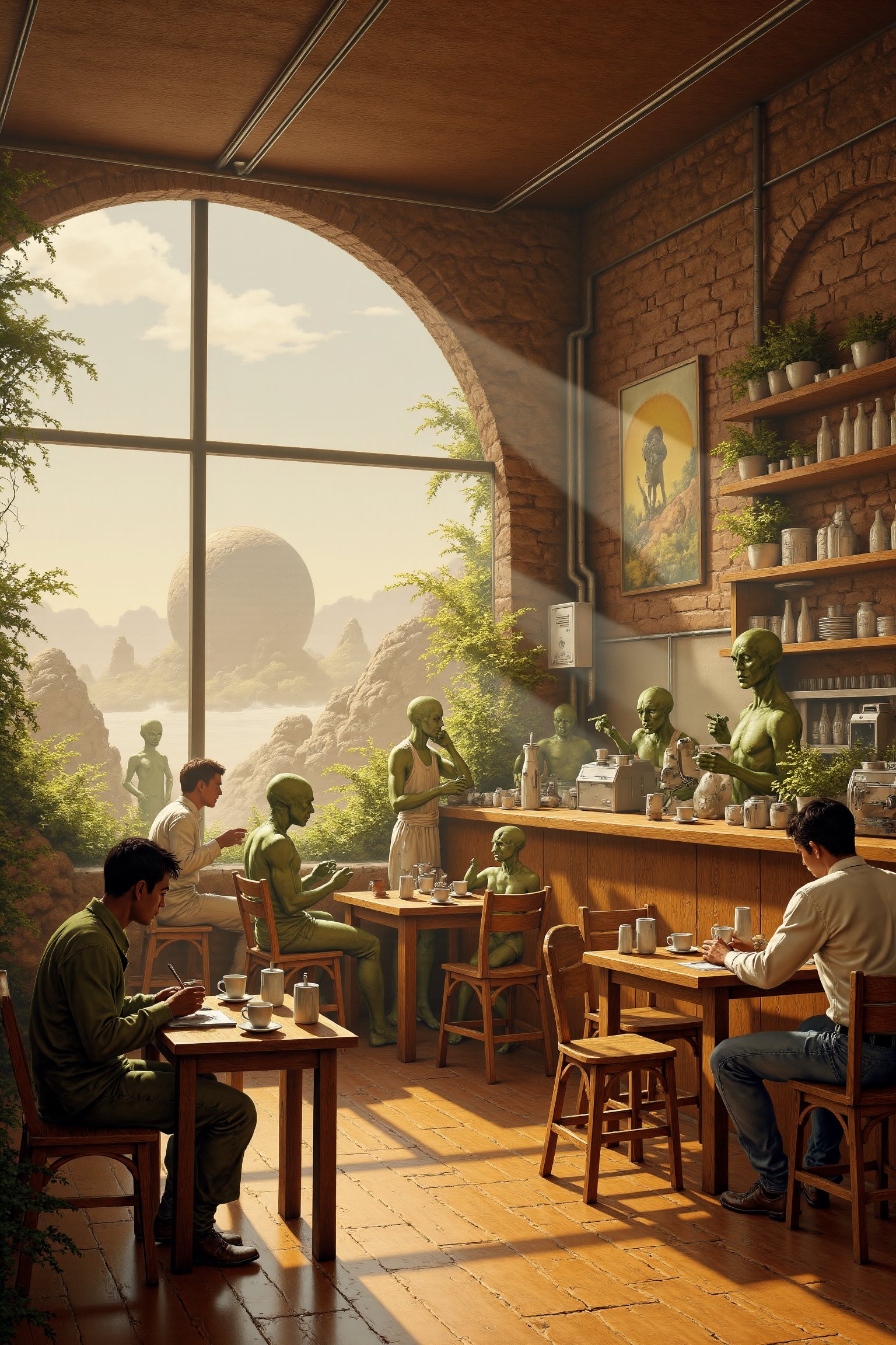 RetroSci style. Alien planet. A cozy, café on a busy afternoon. People, some of them are aliens, sit at small wooden tables, sipping coffee and chatting with friends. Some are working on holoscreens, while others scroll through their communication devices. A barista behind the counter prepares drinks, the sound of milk frothing and espresso shots filling the air. Large windows let in soft daylight, casting warm tones across the space. The décor is simple—potted alien plants on shelves, minimalistic artwork on the walls, and exposed brick adding a touch of rustic charm. The overall atmosphere is relaxed and welcoming.