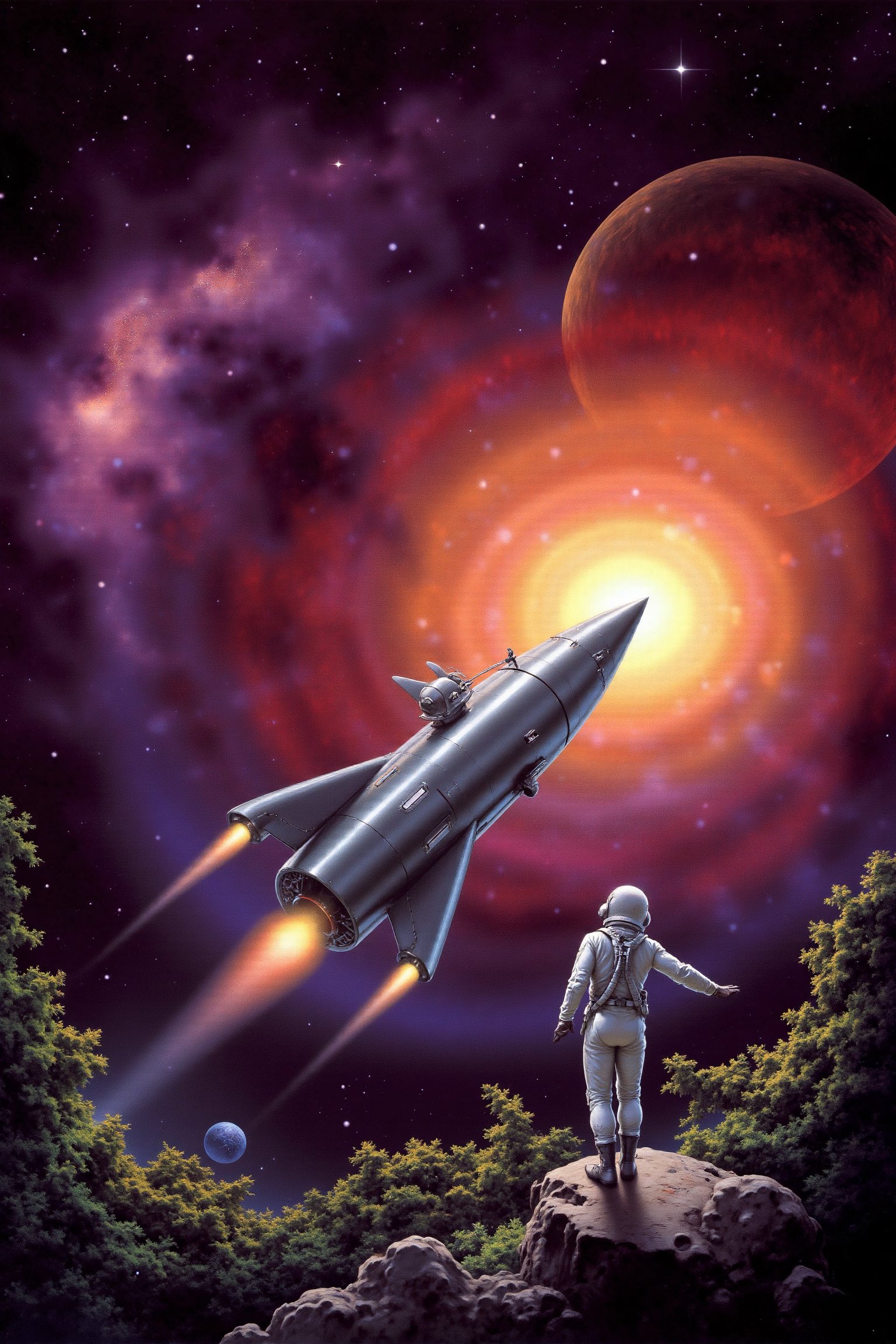 RetroSci style. A spaceship emerges from a vibrant nebula, swirling in shades of deep purple, crimson, and gold. In the foreground, a sleek silver astronaut hovers in zero gravity, reaching out toward a distant planet covered in gleaming oceans and dense forests. Bright stars twinkle against the dark backdrop, casting soft glows on the ship’s polished metallic surface.