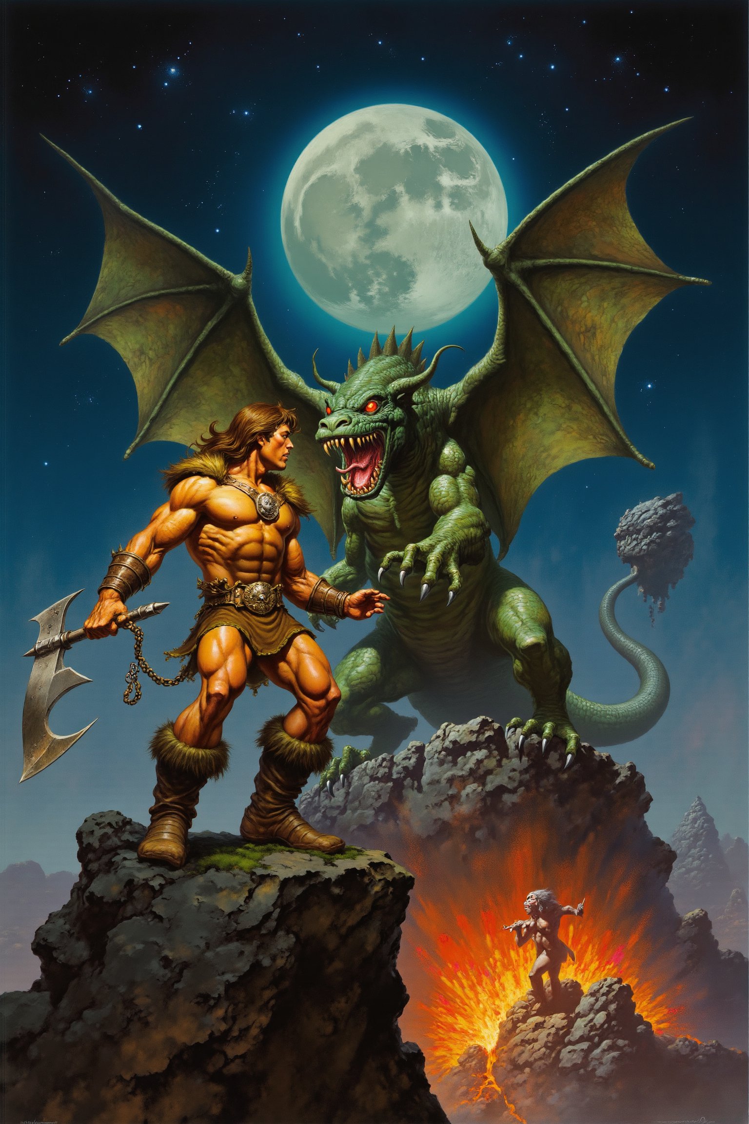 RetroSci style. A powerful barbarian warrior, muscles gleaming under the moonlight, stands on a rocky cliff holding a massive axe. A monstrous dragon looms in the background, wings spread wide against a dark, starry sky. The landscape is barren and jagged, with distant volcanic eruptions. The warrior’s armor glows in molten gold, the dragon’s scales shimmer with shades of green and black.