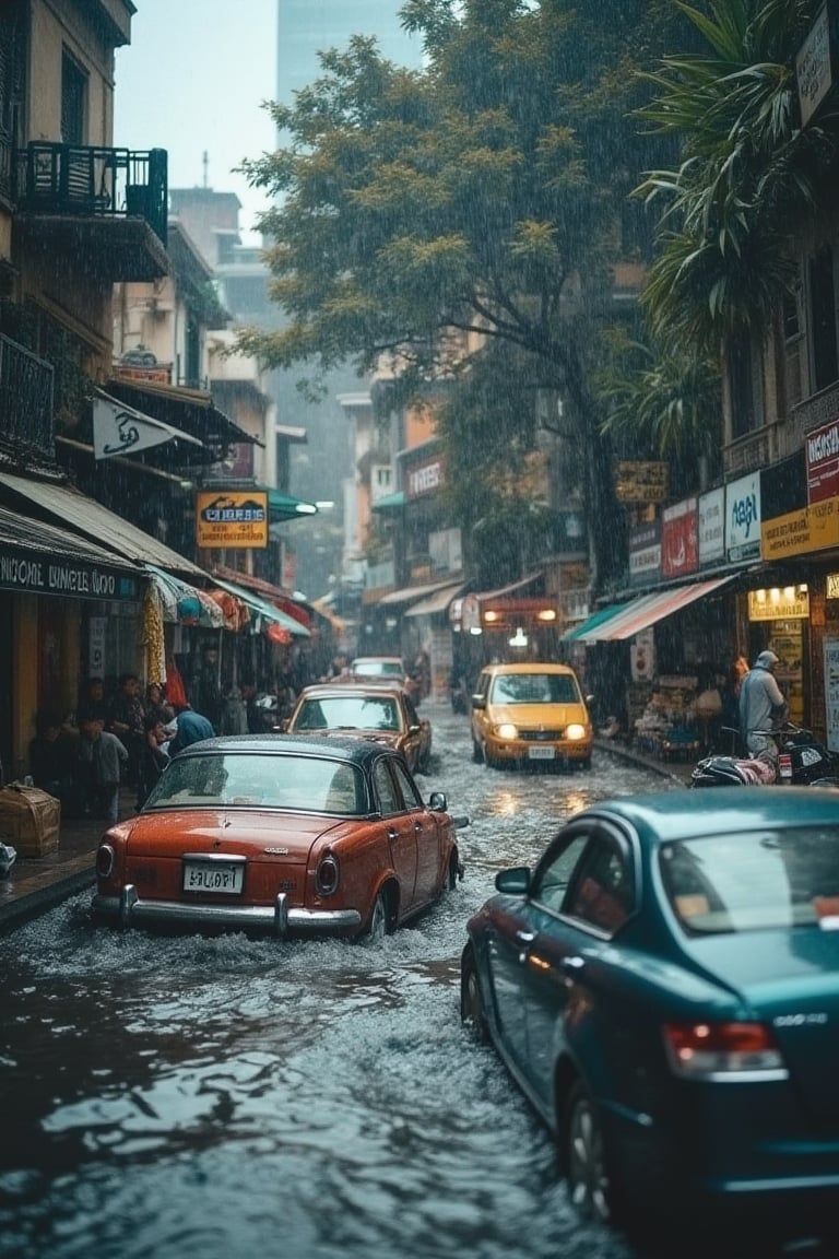 A surreal scene unfolds: A torrential downpour engulfs the city streets, with a sea of water rushing through the urban landscape. Cars, once proud and stationary, now lay submerged, their metal bodies twisted and contorted as if drowning in a grave. The camera captures the chaos from a low angle, looking up at the deluge's fury, as rainwater pours down like a curtain of tears.,impian2