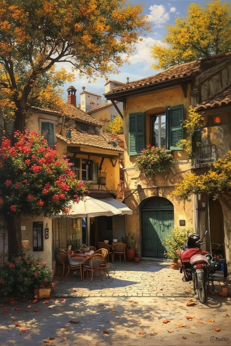 A photorealistic image of a charming, idyllic scene of a quiet residential street in autumn. The houses are quaint and traditional, with warm-colored walls, tiled roofs, and green shutters. Trees in various shades of autumnal gold and green frame the street, and fallen leaves scatter the cobblestone pavement. Red flowers add a splash of vibrant color to the scene. Soft, warm light filters through the trees, casting gentle shadows and creating a serene mood.,impian,impian2