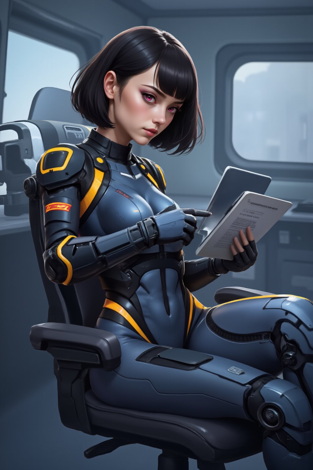 synth-wave and cyberpunk-themed, 2.5D stylized painterly, illustration. Soft gradients sharp edges, bold outlines. Of a beautiful woman in a tight mech pilot suit, a beautiful cyborg, sitting in an office chair reading in a pad, bob-haircut, black hair, pink eyes, body with perfect proportions, normal-sized head, Realistic, highly-detailed, high-quality, concept game art.   godes