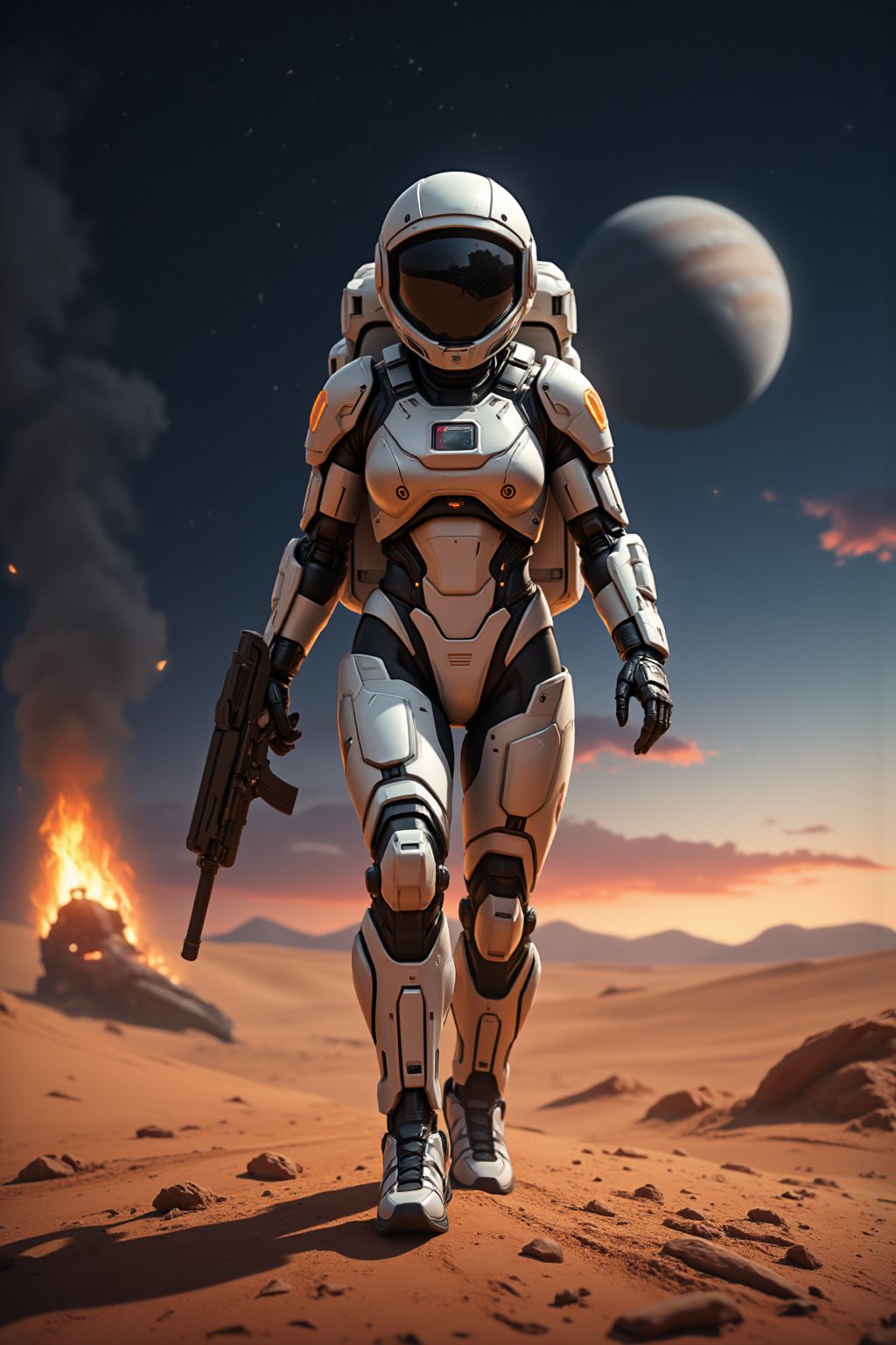 Spaceranger, a futuristic astronaut, stands tall in a full-body shot, helmet off visor down, dynamic pose, their entire figure radiating against the inky blackness of deep space. In a dynamic pose, they stretch out with arms and legs splayed, as if defying gravity itself. The sci-fi setting is rendered in crisp 8k resolution, with stars and galaxies swirling around them like diamonds on velvet, A cyborg woman, hOLDING A hEAVY gUNN, WALKS TOWARDS THE VIEWER, against the vast, arid desert horizon, bathed in the warm, golden light of the setting sun and faintly visible behind the Atmosphere a Giant Saturn like ringed Planet. Her striking features, including piercing eyes, are delicately crafted with intricate lines and shading, as if drawn from pen and ink. In the distance, a crashed spaceship smolders, its wreckage a symbol of destruction amidst the cyborg's unyielding strength. The pose radiates confidence and resilience, set against a dynamic composition that tells a story of technological powerCrafted by visionaries of the art world such as Karol Bak, Peter Gric, and Conrad Roset, this complex masterwork explores the intricate dance between opposites. The oil and ink canvas technique, enhanced by super dramatic lighting and photoillustration, gives life to the concept of evolution. Immerse yourself in iridescent shades of green and pink, which infuse depth into this hyperdetailed and mesmerizing landscape, where harmony resides within chaos.,wonder beauty,Enhanced all,Mecha  godes