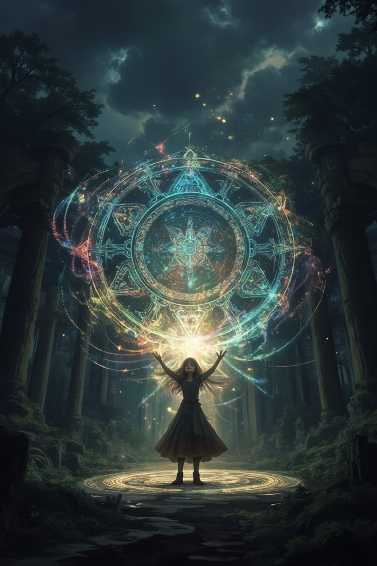 A close-up of a young girl performing an enormous magic spell in a dark forest. The dark sky above is filled with swirling clouds, casting a shadowy atmosphere. The spell emits a radiant glow, illuminating the girl's focused expression as she concentrates on the incantation. The forest is dense and eerily silent, with ancient trees visible in the background. The scene is framed tightly to capture the girl's intense concentration and the intricate details of the spell.