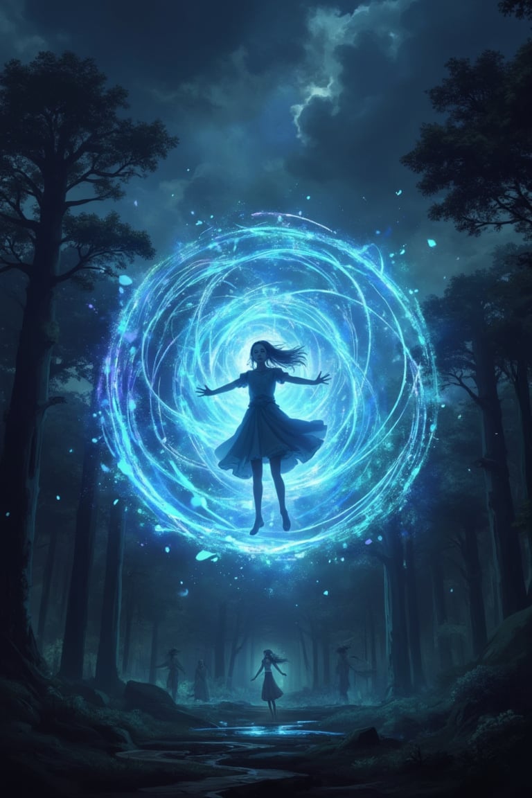 A young girl, possessed and surrounded by an enormous blue magic spell, floating in mid-air within a dark forest. The dark sky above is filled with swirling clouds, casting a shadowy atmosphere. The blue spell emits a radiant glow, illuminating the girl's determined expression. The forest is dense and eerily silent, with ancient trees towering in the background. The scene is framed to emphasize the floating spell and the girl's intense, possessed state.