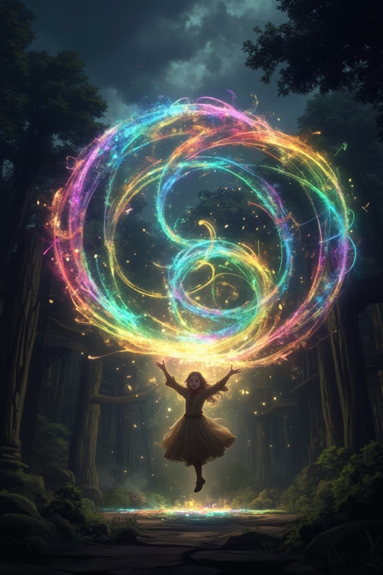 A young girl floating in mid-air, surrounded by an enormous rainbow magic spell in a dark forest. The dark sky above is filled with swirling clouds, casting a shadowy atmosphere. The rainbow spell emits a vibrant glow, illuminating the girl's focused expression as she performs the spell. The forest is dense and eerily silent, with ancient trees towering in the background. The scene is framed to emphasize the floating spell and the girl's dynamic pose.