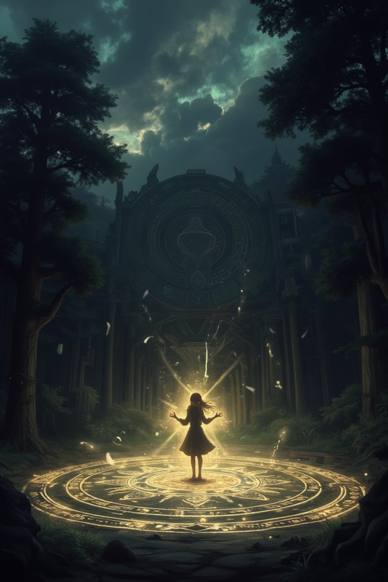 A young girl standing in the center of an enormous magic spell circle, illuminated by a faint, eerie glow in a dark forest. The sky above is pitch black with swirling clouds, casting a shadowy atmosphere. The girl is mid-cast, her hands outstretched, with a determined expression. The forest around her is dense and eerily silent, with ancient trees towering in the background. The scene is framed to emphasize the spell circle and the girl's focused stance.