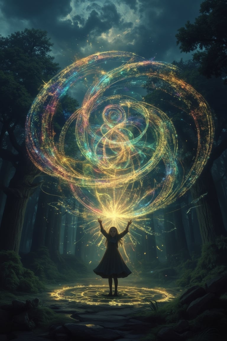 A close-up of a young girl performing an enormous magic spell in a dark forest. The dark sky above is filled with swirling clouds, casting a shadowy atmosphere. The spell emits a radiant glow, illuminating the girl's focused expression as she concentrates on the incantation. The forest is dense and eerily silent, with ancient trees visible in the background. The scene is framed tightly to capture the girl's intense concentration and the intricate details of the spell.