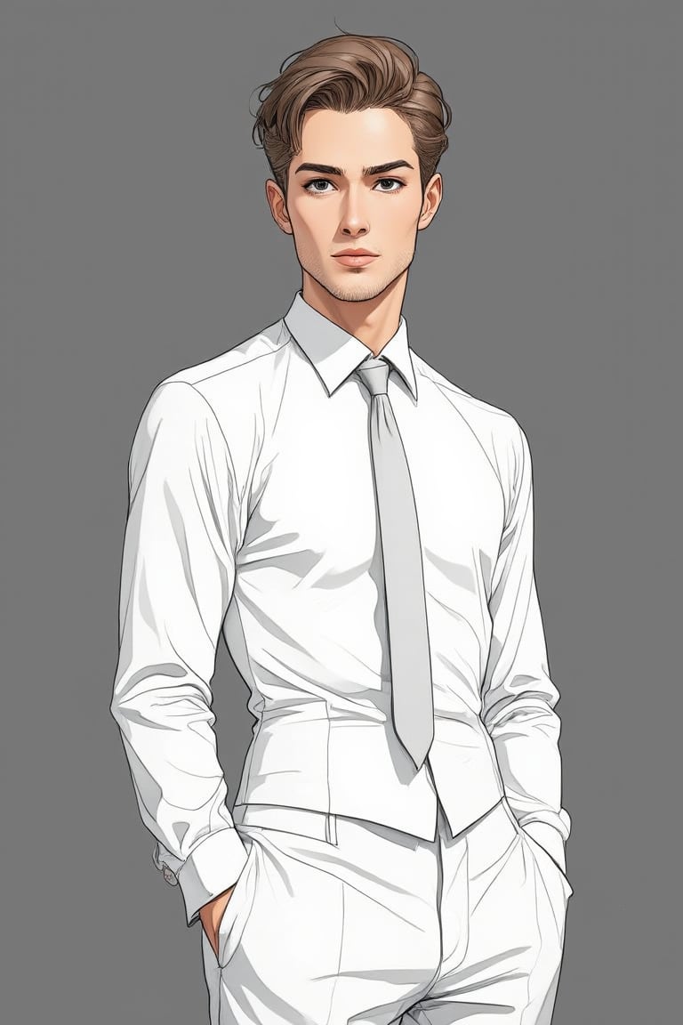 (masterpiece, top quality, super detail, high resolution, best illustration),   Mid 20s male detective, brown hair, detailed, toned body, simple, Noir et blanc, monochrome, looking at viewer, plain looking, white shirt and tie, gritty, art style by Moebius.