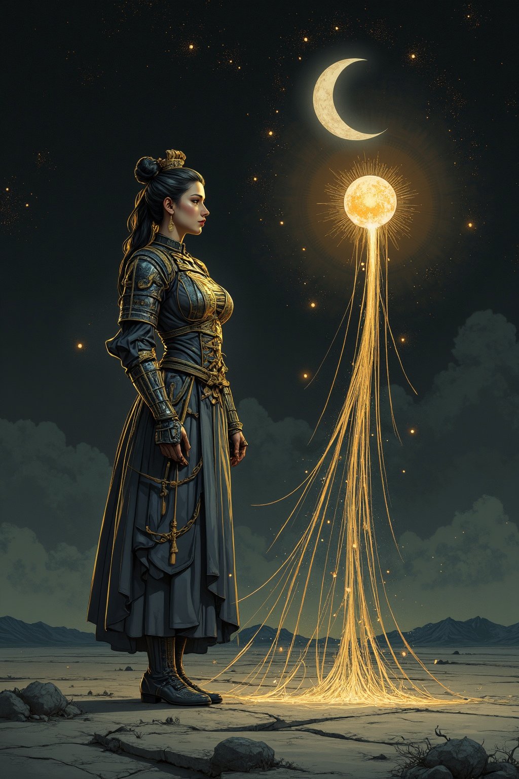 In a desolate, pitch-black void, a mesmerizing will-o'-the-wisp materializes, its ethereal glow illuminating the surrounding darkness. A majestic female samurai stands tall, her armor glistening with an otherworldly sheen. Her face aglow from the orb's gentle pulsing, her eyes gleam like stars in the night sky. The orb itself radiates a soft, golden light, as if infused with ancient magic. In the background, the silvery crescent of the moon casts an eerie glow, casting long shadows across the darkened landscape. Vector art style evokes a vintage, lo-fi charm, reminiscent of Keith Negley's haunting illustrations.