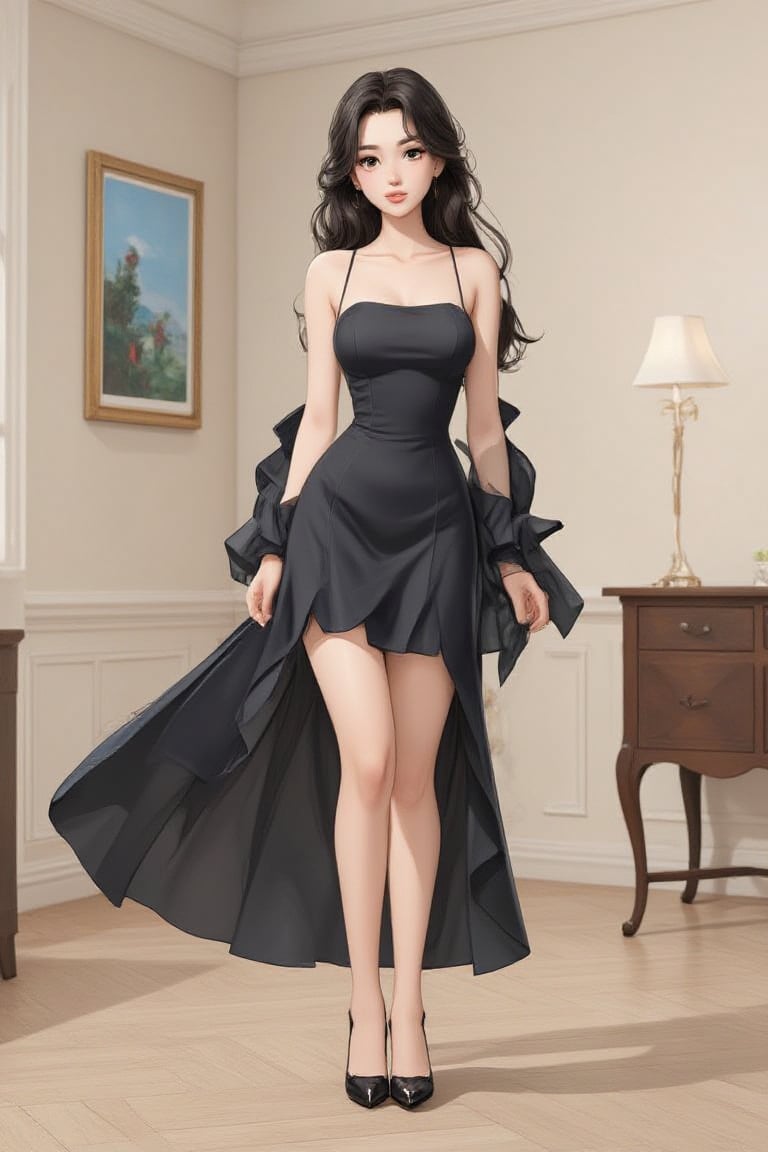 A (((anime))) 1girl, solo, long hair, looking at viewer, smile, black hair, dress, bare shoulders, standing, sleeveless, indoors, black eyes, black dress, sleeveless dress, realistic, painting \(object\)