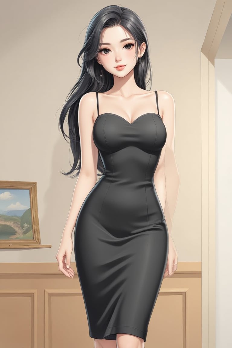 A (((anime))) 1girl, solo, long hair, looking at viewer, smile, black hair, dress, bare shoulders, standing, sleeveless, indoors, black eyes, black dress, sleeveless dress, realistic, painting \(object\)