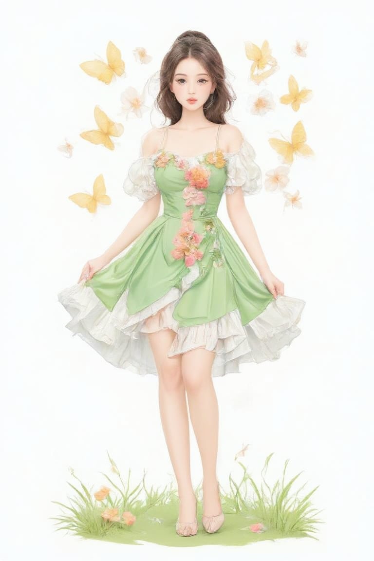 A cartoon drawing of a girl in a green dress with flowers on it. The dress is a light green with a white ruffled skirt. The girl has brown hair and blue eyes. She is standing in front of a white background. There are yellow butterflies on the white background behind the girl. Green grass is on the ground below the girl's feet.,Enhanced all,Best face ever