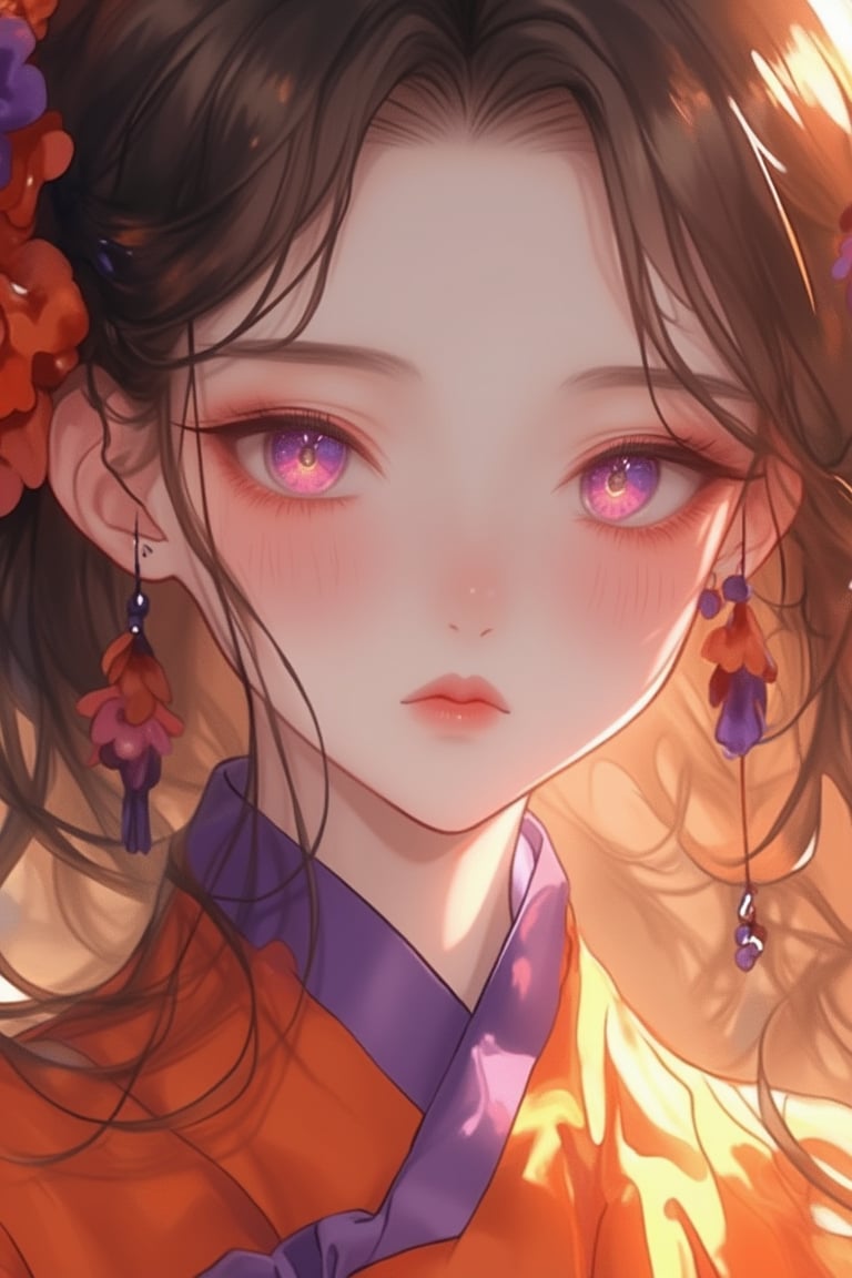 Kawacy Attire Anime Art, close-up face of a cute girl with delicate features, wearing orange and purple attire. The girl's expression is serene, with soft, glowing skin and gentle eyes. The attire is intricately detailed, with flowing fabric and delicate patterns in orange and purple hues. The lighting is soft and diffused, highlighting the girl's graceful beauty. The composition is centered, focusing on her face and the intricate attire.