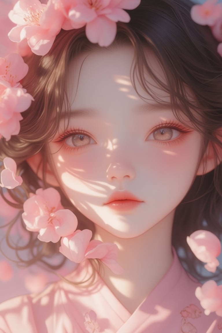 Close-up face of a girl with delicate features, surrounded by sakura petals in a Kawacy-style. The girl's expression is serene, with soft, glowing skin and gentle eyes. The sakura petals are floating around her, creating a dreamy, pastel-colored atmosphere. The lighting is soft and diffused, highlighting the girl's serene beauty. The composition is centered, focusing on her face and the delicate petals.