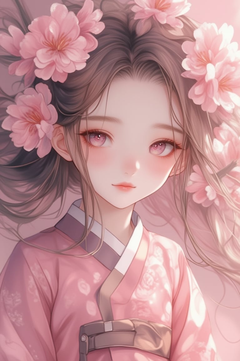 Kawacy Anime Style, a girl in a pink hanfu adorned with sakura flowers, with sakura blossoms in her hair. The hanfu is intricately detailed, with flowing fabric and delicate patterns. The girl's expression is serene, with soft, glowing skin and gentle eyes. The sakura blossoms are delicately arranged in her hair, creating a harmonious, pastel-colored atmosphere. The lighting is soft and diffused, highlighting the girl's graceful beauty. The composition is balanced, with the girl centered and the sakura blossoms framing her elegantly.