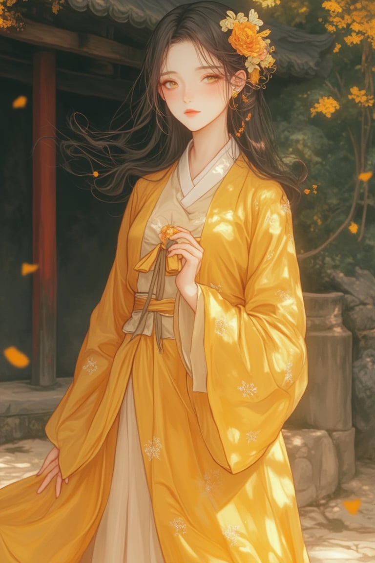 Kawacy Attire Anime Art, a girl in a yellow hanfu standing in a serene shrine. The hanfu is intricately detailed, with flowing fabric and delicate patterns. The girl's expression is serene, with soft, glowing skin and gentle eyes. The shrine is ancient and peaceful, with soft, dappled sunlight filtering through the trees. The lighting is soft and diffused, highlighting the girl's graceful beauty. The composition is balanced, with the girl centered and the shrine framing her elegantly.