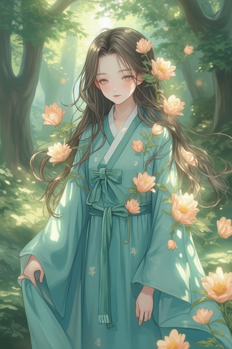 Kawacy Attire Anime Art, a girl in a blue-green hanfu adorned with tulips, standing in a serene forest. The hanfu is intricately detailed, with flowing fabric and delicate patterns. The girl's expression is serene, with soft, glowing skin and gentle eyes. The tulips are delicately arranged on her hanfu, creating a harmonious, pastel-colored atmosphere. The forest is lush and vibrant, with soft, dappled sunlight filtering through the trees. The lighting is soft and diffused, highlighting the girl's graceful beauty. The composition is balanced, with the girl centered and the forest framing her elegantly.