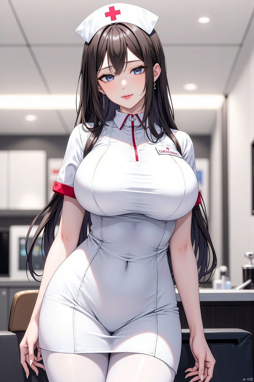 best quality, masterpiece, highres,1girl, (long hair:1.2), medium breasts, narrow waist, eyeliner, eyelashes, perfect face, detailed eyes, facial lighting, indoor, looking at viewer, standting at attention, (white pantyhose:1.2), (nurse cap, nurse uniform, nurse:1.2), (hospital, Emergency room:1.2), perfect body, solo, upper body,