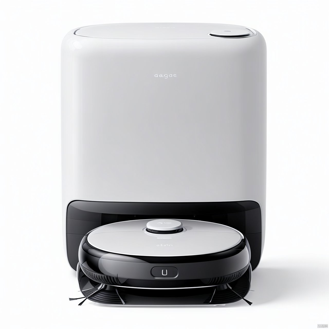 A sweeper product design with a sweeper and a base station on a white background,  product design,  product render by 宝拉熊...