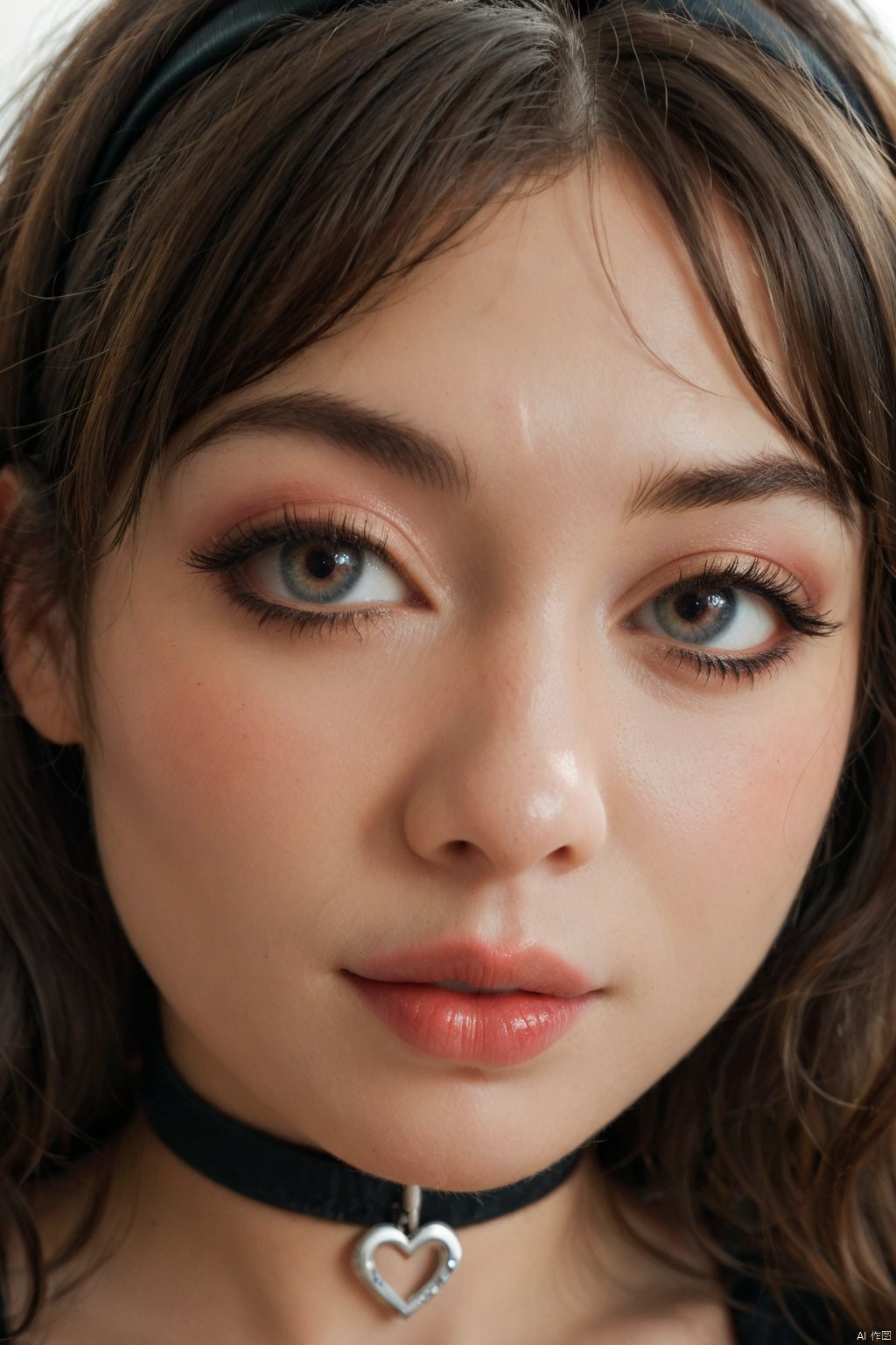 OBwans,Halloween makeup,Highly detailed face,OBbllai,
This is a high-resolution photograph of a young woman with an Asian appearance, likely in her late teens or early twenties. She has a fair complexion and long, wavy brown hair with bangs that frame her face. Her eyes are large and brown, adorned with heavy, red eyeliner that forms a heart shape around each eye. Her cheeks are blushed with a rosy makeup, and her lips are glossy with a natural pink hue. She wears a black choker with a small red pendant, adding a touch of edgy style to her look. 
Her expression is neutral, with a slight tilt of her head to the right and her left hand gently resting on her cheek. The background is dark, possibly a solid black or deep blue, which contrasts sharply with her fair skin and vibrant makeup. She also wears a black headband with furry, black ears, giving her a cute, cartoonish appearance. The overall aesthetic of the image is a blend of cute and edgy, with a focus on her face and the detailed makeup application. The photograph is well-lit, highlighting the textures of her hair and makeup, and the sharpness of the image ensures every detail is clearly visible.,score_9 score_8_up score_7_up,,Z03C