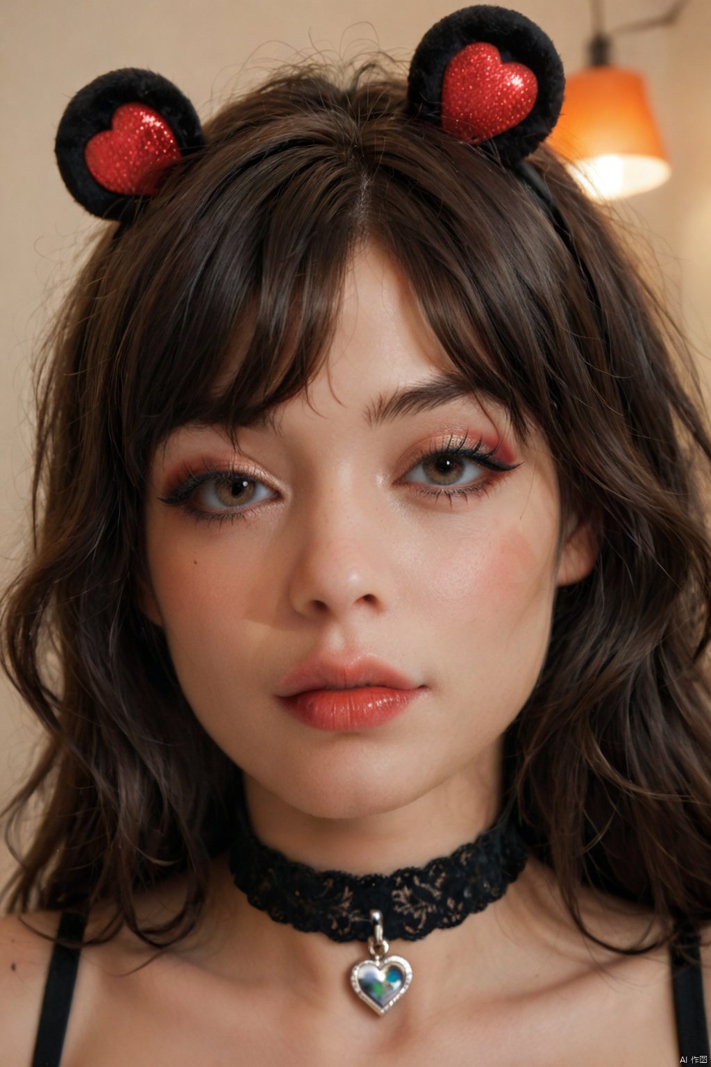 OBwans,Halloween makeup,Highly detailed face,OBbllai,
This is a high-resolution photograph of a young woman with an Asian appearance, likely in her late teens or early twenties. She has a fair complexion and long, wavy brown hair with bangs that frame her face. Her eyes are large and brown, adorned with heavy, red eyeliner that forms a heart shape around each eye. Her cheeks are blushed with a rosy makeup, and her lips are glossy with a natural pink hue. She wears a black choker with a small red pendant, adding a touch of edgy style to her look. 
Her expression is neutral, with a slight tilt of her head to the right and her left hand gently resting on her cheek. The background is dark, possibly a solid black or deep blue, which contrasts sharply with her fair skin and vibrant makeup. She also wears a black headband with furry, black ears, giving her a cute, cartoonish appearance. The overall aesthetic of the image is a blend of cute and edgy, with a focus on her face and the detailed makeup application. The photograph is well-lit, highlighting the textures of her hair and makeup, and the sharpness of the image ensures every detail is clearly visible.,score_9 score_8_up score_7_up,,Z03C