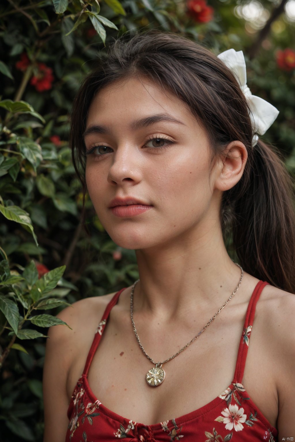 a young Asian woman with long dark brown hair, wearing a red sleeveless blouse with a floral pattern. She is wearing a silver necklace that has a circle pendant hanging from it. The woman's hair is pulled back in a ponytail, with two white bows on the top of her head. The backdrop is blurred, with greenery in the background.,score_9 score_8_up score_7_up,,Sharp background