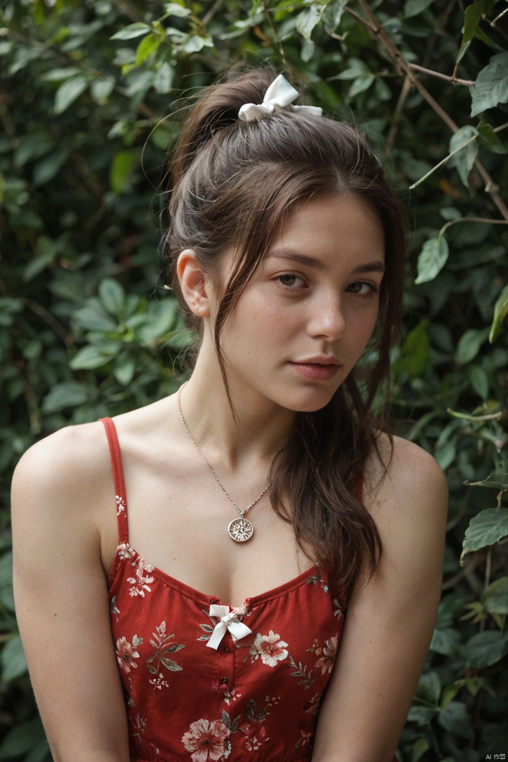 a young Asian woman with long dark brown hair, wearing a red sleeveless blouse with a floral pattern. She is wearing a silver necklace that has a circle pendant hanging from it. The woman's hair is pulled back in a ponytail, with two white bows on the top of her head. The backdrop is blurred, with greenery in the background.,score_9 score_8_up score_7_up,