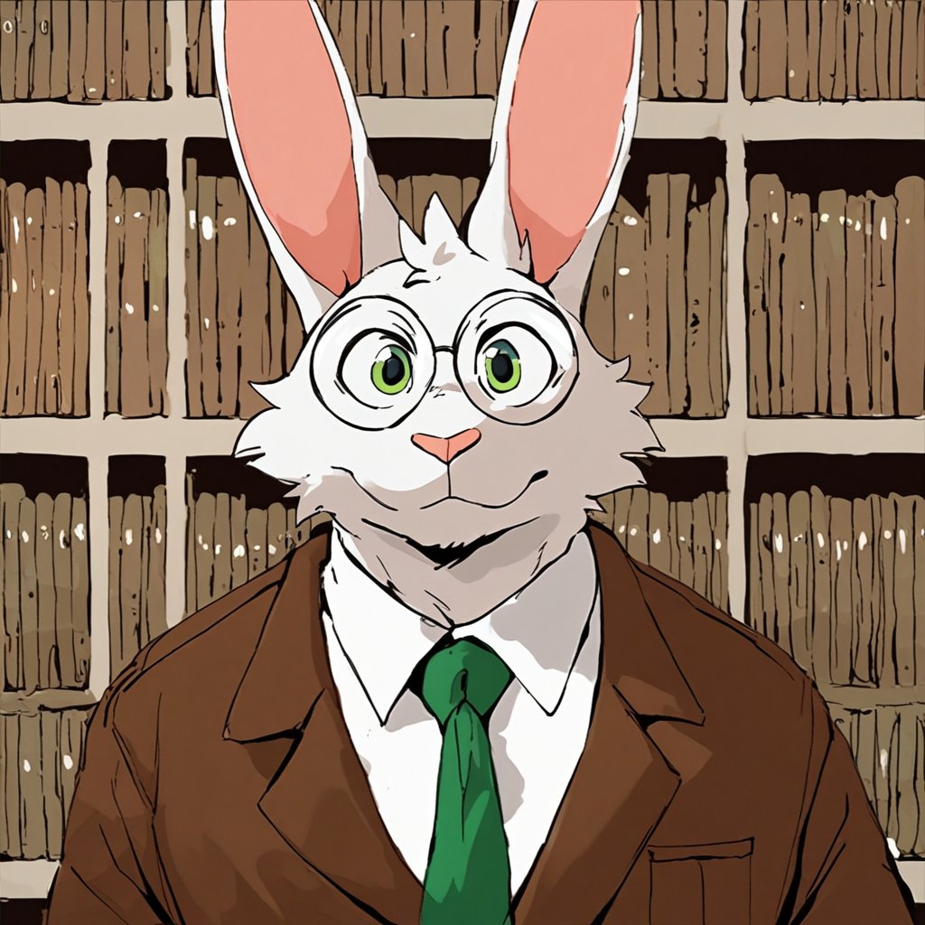 crimenes, lagomorph, leporid, mammal, rabbit, anthro, brown clothing, brown topwear, cheek tuft, clothed, clothing, detailed background, eyewear, facial tuft, front view, fur, glasses, glistening, glistening eyes, green eyes, green necktie, grey body, grey fur, head tuft, inside, library, looking at viewer, male, mouth closed, necktie, pink nose, round glasses, solo, topwear, tuft, white body, white clothing, white fur, white topwear, score_9, score_8_up, score_7_up, score_6_up, score_5_up, score_4_up