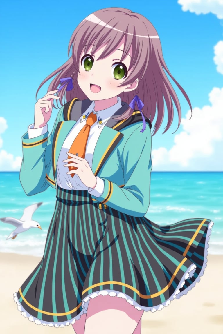 (masterpiece:1.3),Best Quality, Brown hair,blue -green jacket, Black neck collar,orange tie,White blouse, school uniform,Skirt with green and black vertical stripes,frills,Skirt with white ruffled hem,Beach, lovely scenery, looking back, smiling, fluttering hair, blue sea, blue sky, detailed background,caress one's hair with one's hands,Skirts that roll up, attractive buttocks,seagull