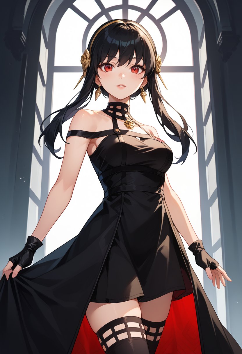 score_9, score_8_up, score_7_up, source_anime, YorBriarSF, black hair, short hair with long locks, gold hairband, red eyes, black dress, sleeveless dress, two-sided dress, two-sided fabric, black choker, black gloves, fingerless gloves, black thighhighs, cowboy shot, facing viewer