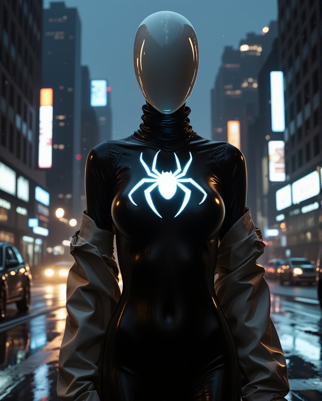 white bald female faceless mannequin wearing a tight black body with glow white spider on chest, in rainy dark futuristic city at night. three-quarter Hero pose, perfect cowboy shot.