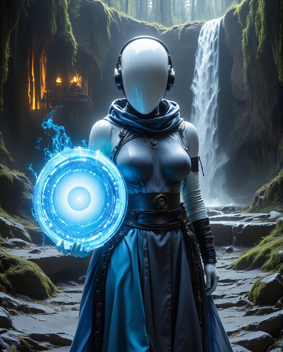 white female faceless mannequin wearing a futuristic gladiator helmet and futuristic street fighter chun-li dress, glow come out of his body, in an enchanted forest with waterfall in the background, three-quarter fighting pose, perfect cowboy shot. ,hkmagic