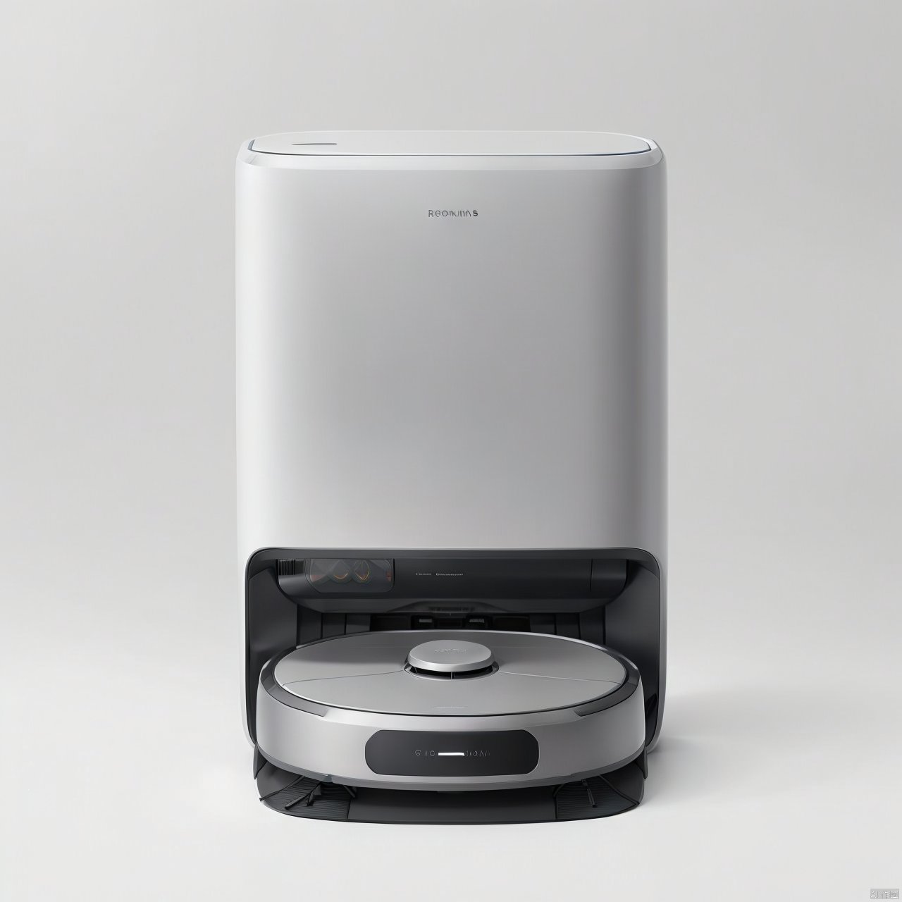 A sweeper product design with a sweeper and a base station on a white background,  product design,  product render by 宝拉熊...
