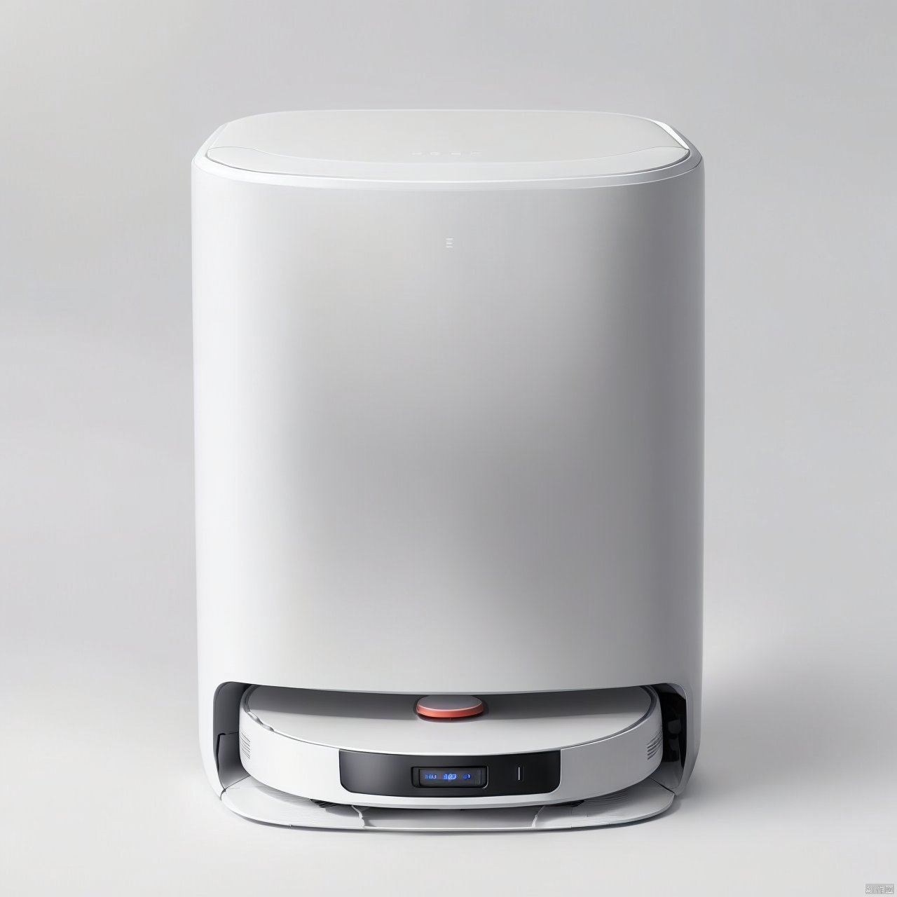 A sweeper product design with a sweeper and a base station on a white background,  product design,  product render by 宝拉熊...